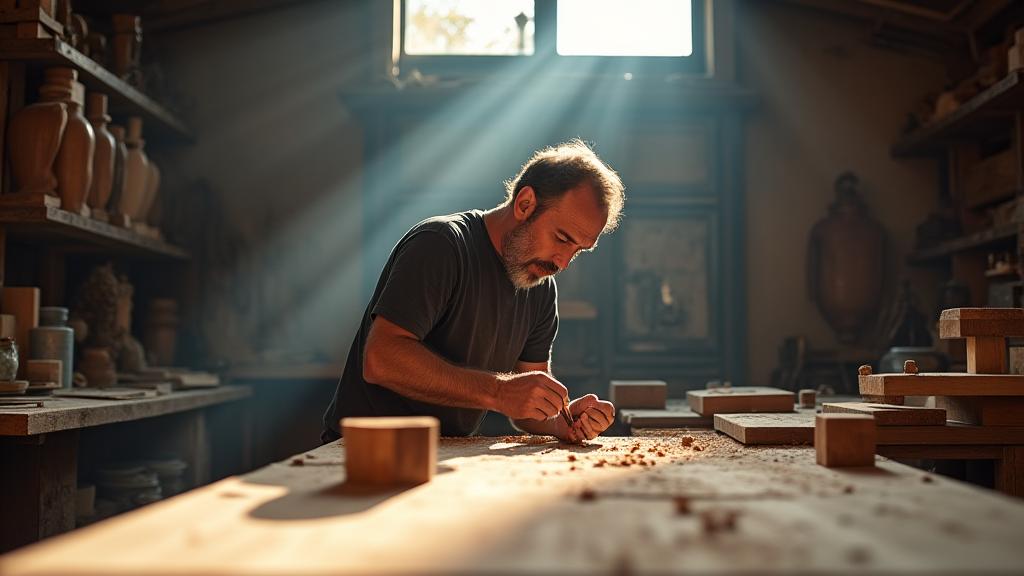 Artigiano in Italia che lavora il legno con strumenti tradizionali nel laboratorio di falegnameria.