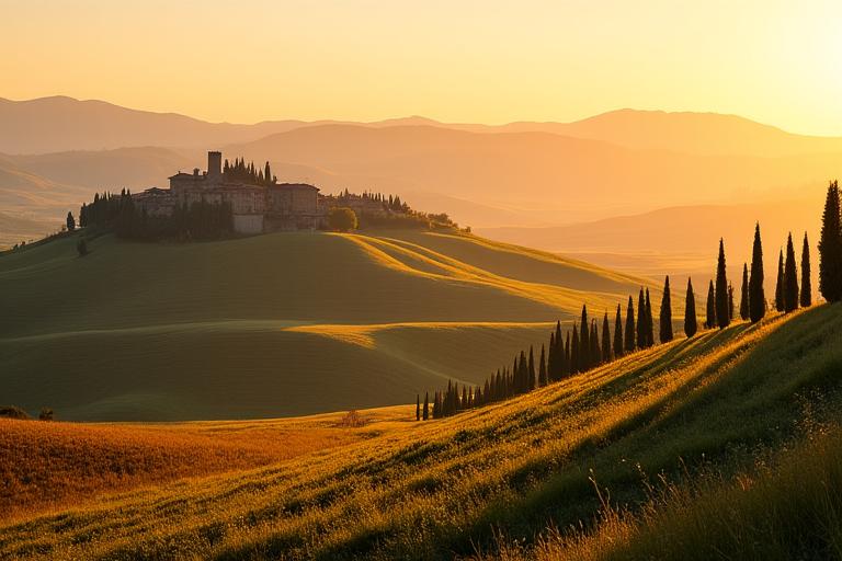 Paesaggio panoramico delle colline senesi, Toscana, che evoca l'ispirazione per il design di Duna Chiara.