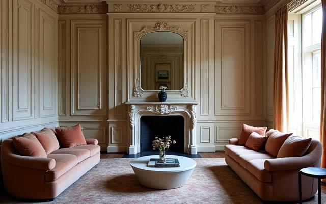 Elegante salone in una residenza storica con camino e dettagli dorati