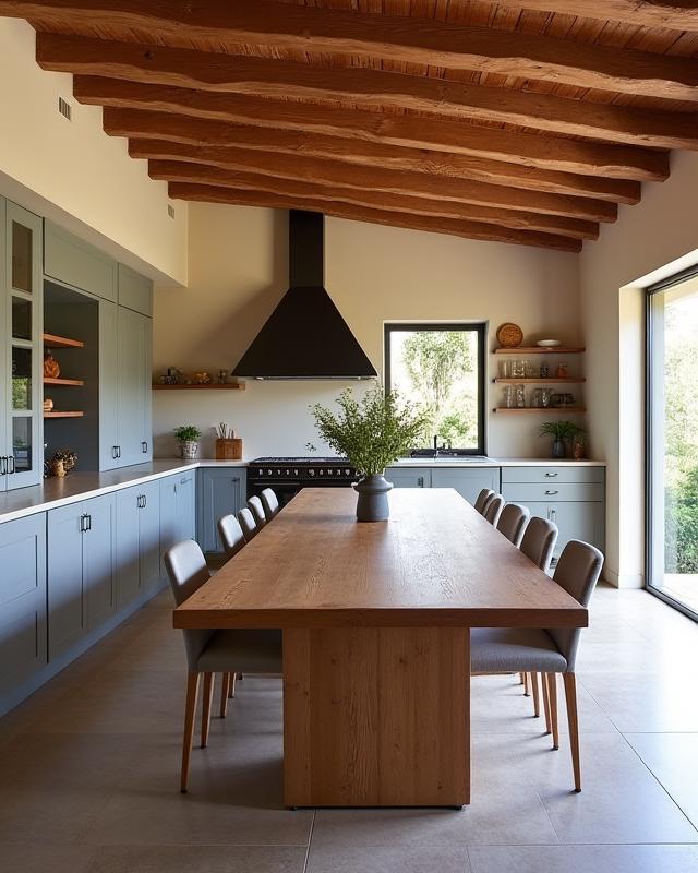 Interno moderno e rustico di una villa toscana con travi a vista