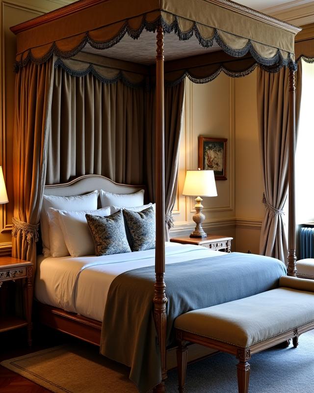 Suite di un boutique hotel a Firenze con letto a baldacchino e tessuti d'arredo personalizzati.