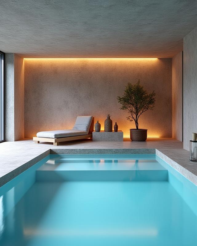 Area wellness e spa in Toscana con pareti in pietra naturale e piscina interna illuminata.