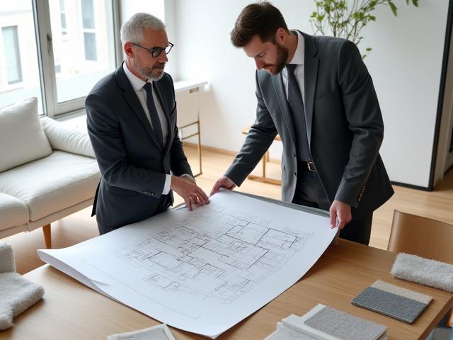 Architetto e cliente che rivedono le planimetrie di un progetto di interni in un ufficio luminoso.