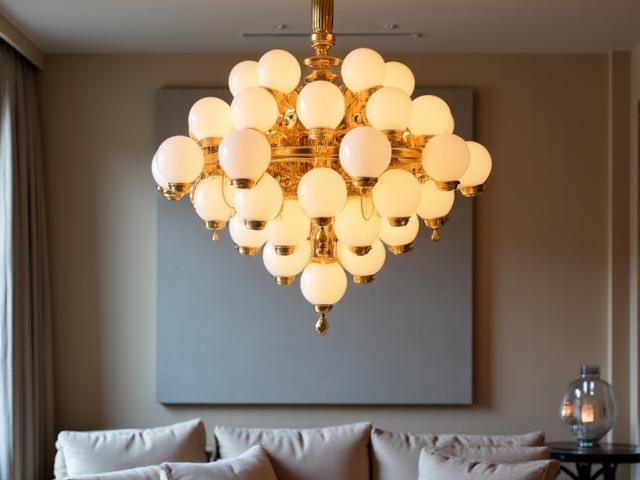 Elegante lampadario in ottone e vetro soffiato che illumina un sofisticato soggiorno.